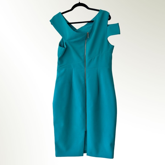Ted Baker London Yandal Asymmetrical Shoulder Cutout Bodycon Dress in Turquoise - Picture 7 of 8